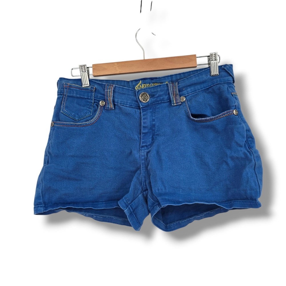 Evolution Blue Denim Shorts Rainbow Contrast Stitching Embroidered Pockets 11/12